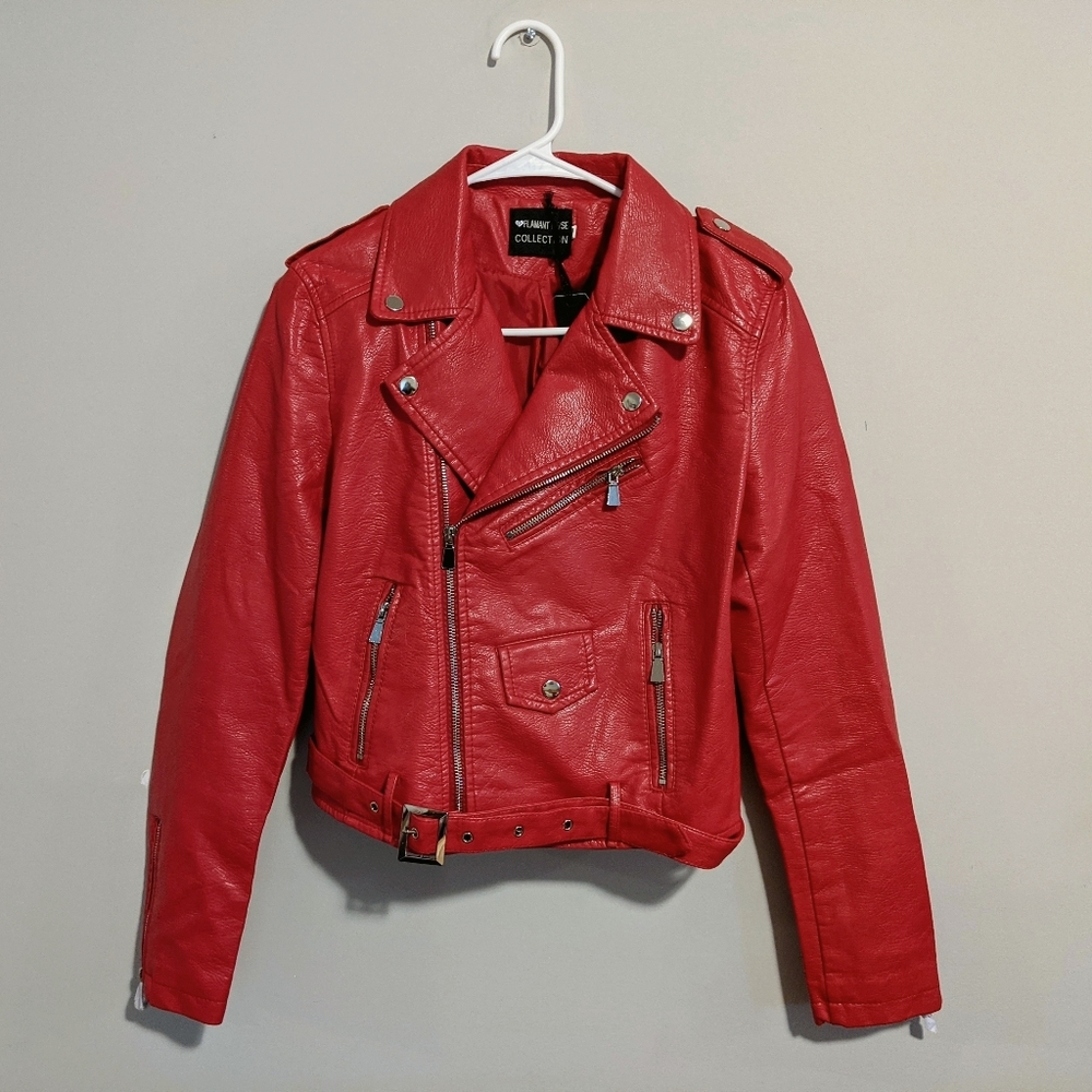 Fire red women's vegan leather moto jacket